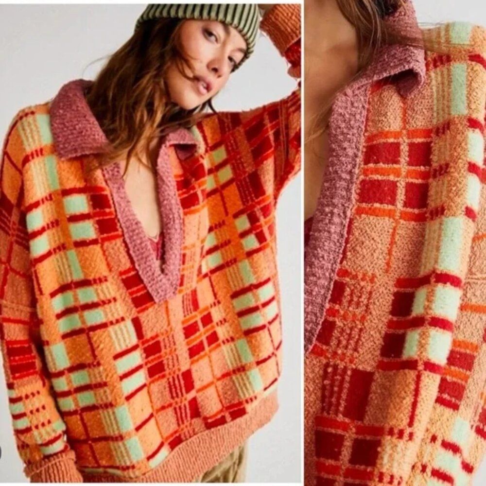 FREE PEOOPL Ruben Sweater Plaid, Spread collar V-neck - Autumn Sunset Combo S